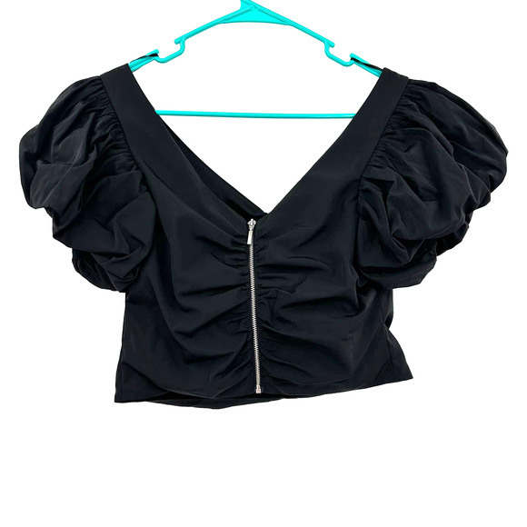 Express size 6 black crop top zip up rear shirt top blouse party club cap sleeve - Picture 2 of 5